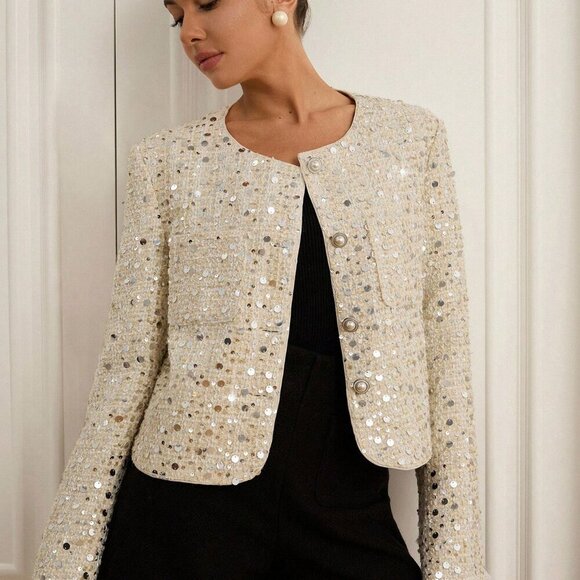 beige Women's Elegant Sequin Embellished Tweed Short Blazer Jacket - Picture 1 of 8